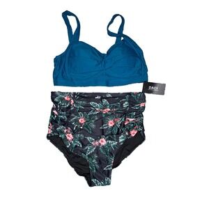 Daci Tankini Swim Set‎ Teal Top & Floral High-Waist Bottoms Plus Size 14W